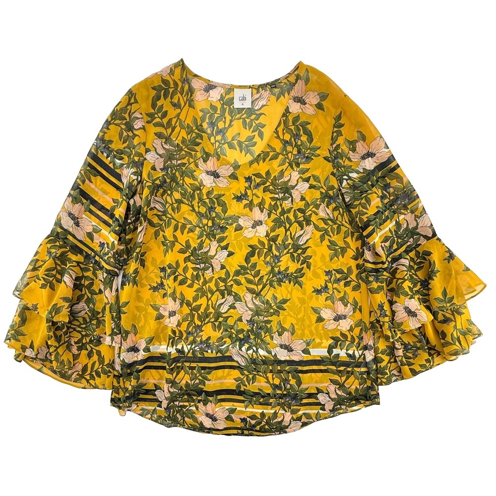 Cabi Womens Blouse Medium Yellow‎ Floral Ruffle Sleeve Boho Flowy Top